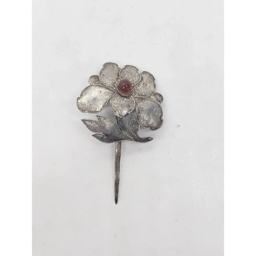 Vintage Sterling Silver Flower Stick Pin Red Cabochon Glass center Art Deco - Picture 3 of 8